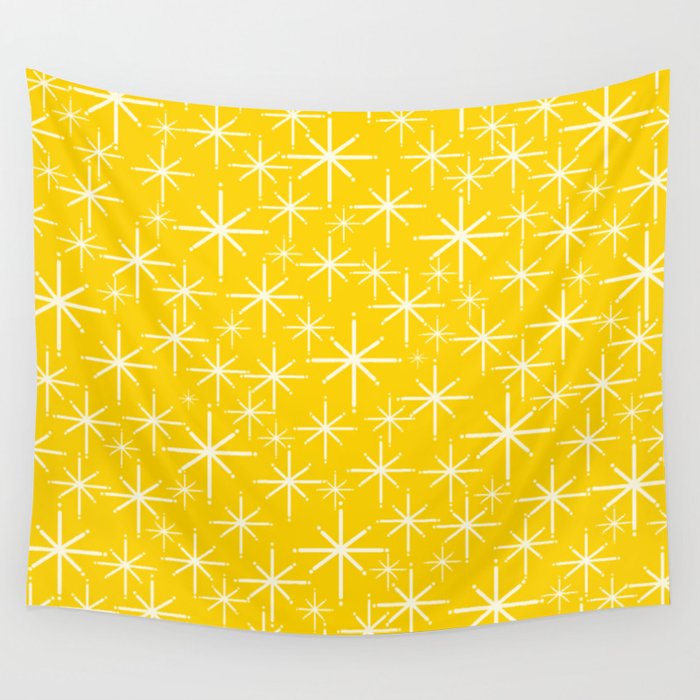 Mid Century Modern Twinkling Stars Retro Atomic Pattern in Yellow Wall Tapestry Gallery Image 4