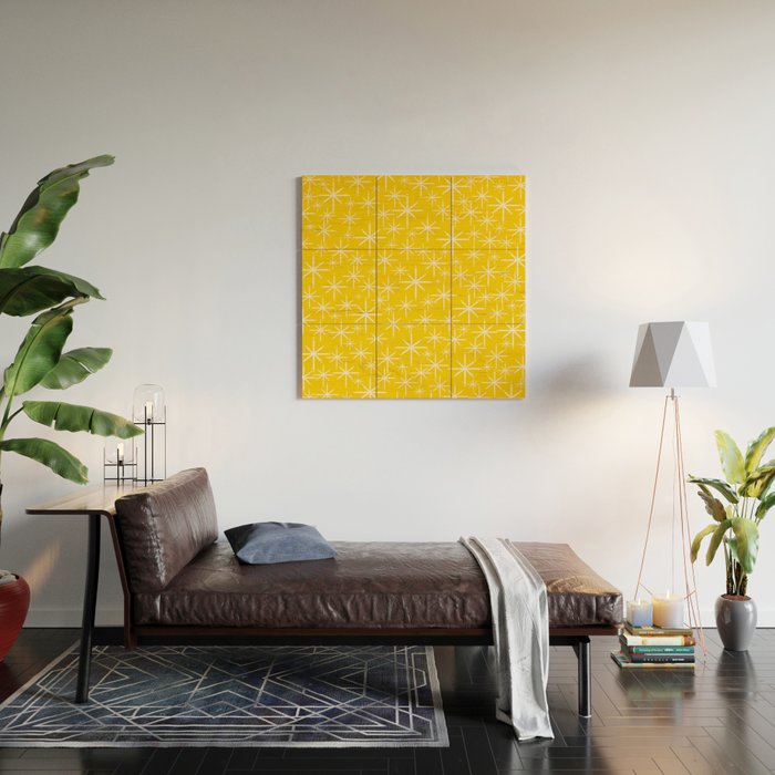 Mid Century Modern Twinkling Stars Retro Atomic Pattern in Yellow Wood Wall Art Gallery Image 2
