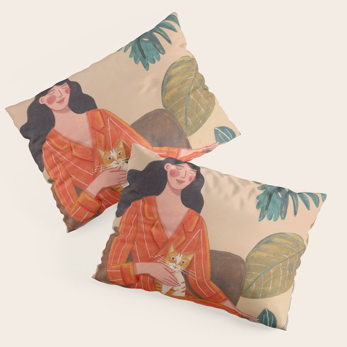 Woman with cat in living room in warm earth tones Pillow Sham Gallery Image 1