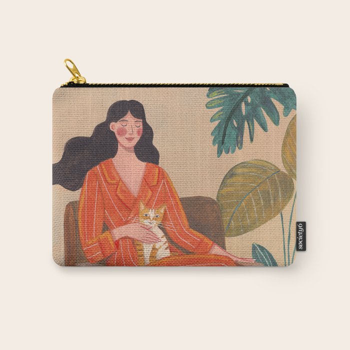 Woman with cat in living room in warm earth tones Carry All Pouch Gallery Image 1