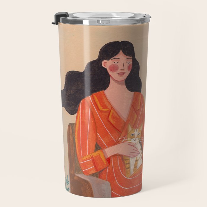 Woman with cat in living room in warm earth tones Travel Mug Gallery Image 3