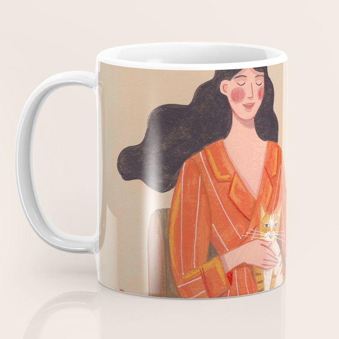 Woman with cat in living room in warm earth tones Coffee Mug Gallery Image 3