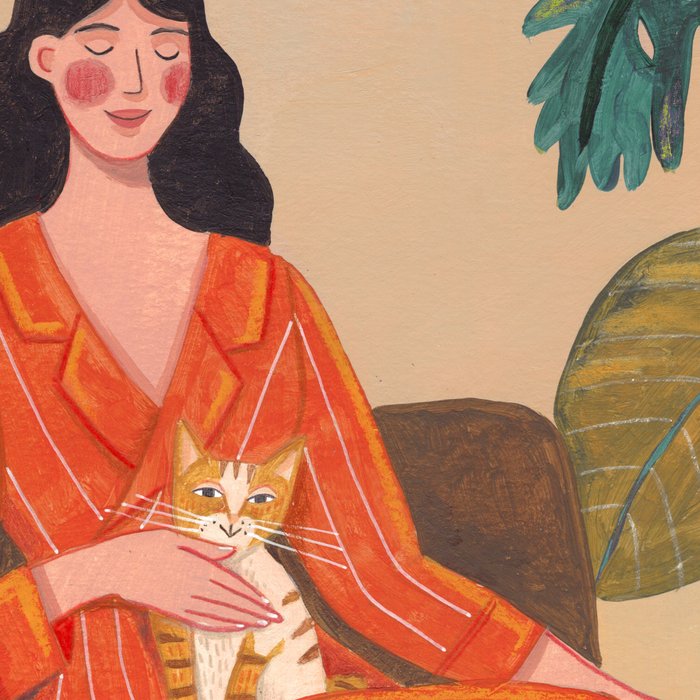 Woman with cat in living room in warm earth tones Coffee Mug Gallery Image 2