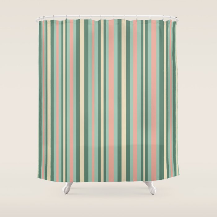 Retro Stripes in Mint Green, Pale Blush, and Cream - Vertical Stripe Pattern Shower Curtain Gallery Image 1