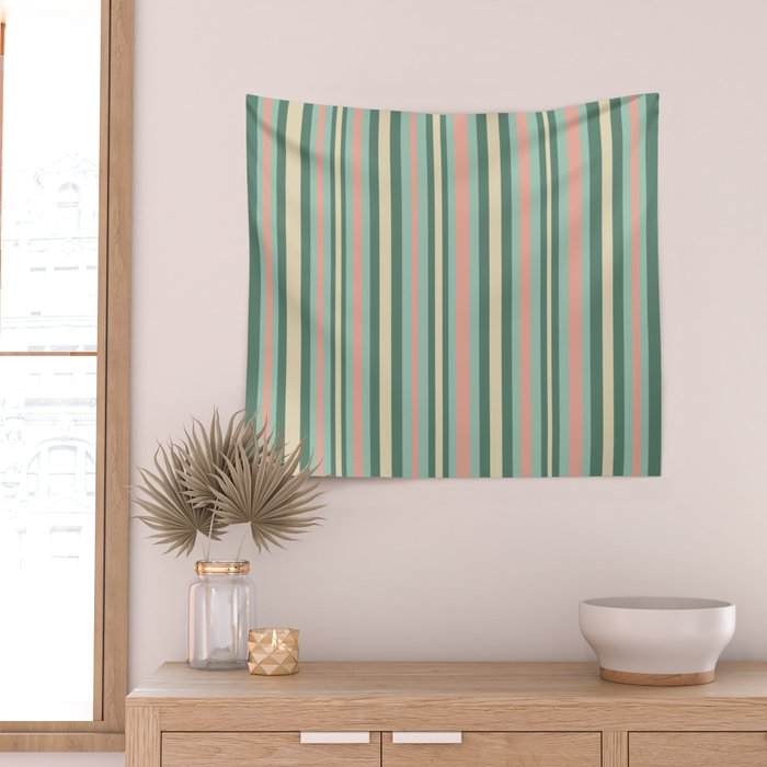 Retro Stripes in Mint Green, Pale Blush, and Cream - Vertical Stripe Pattern Wall Tapestry Gallery Image 2