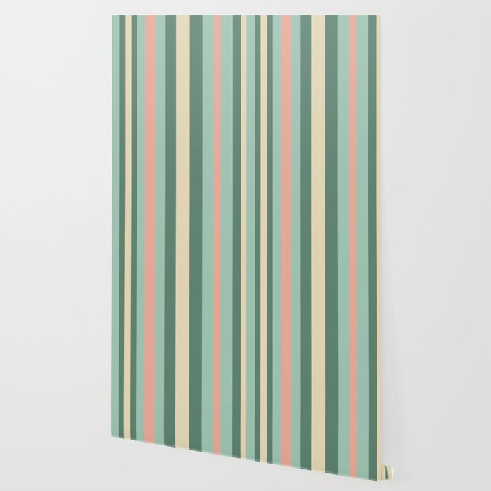 Retro Stripes in Mint Green, Pale Blush, and Cream - Vertical Stripe Pattern Wallpaper Gallery Image 2