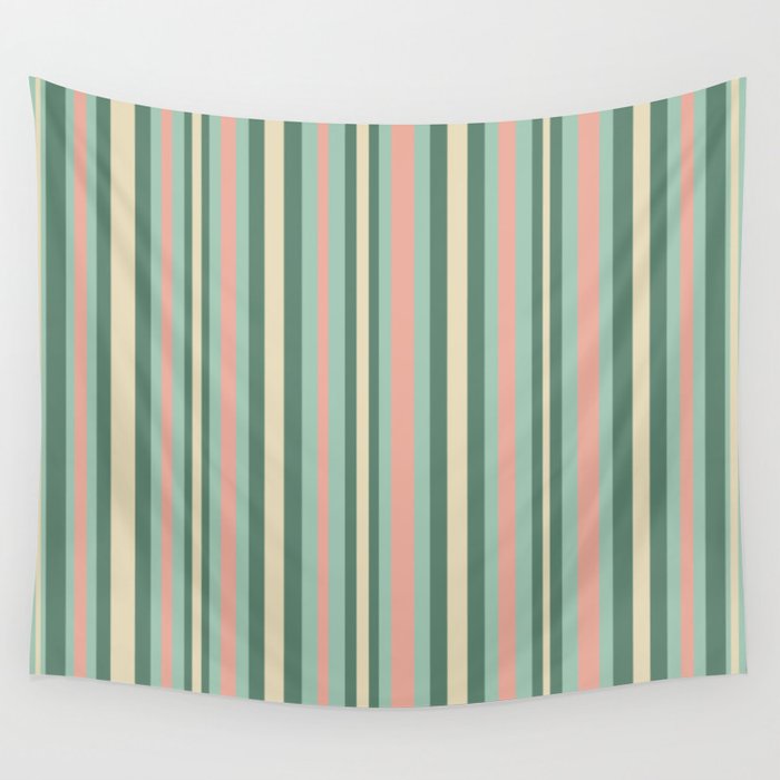 Retro Stripes in Mint Green, Pale Blush, and Cream - Vertical Stripe Pattern Wall Tapestry Gallery Image 4