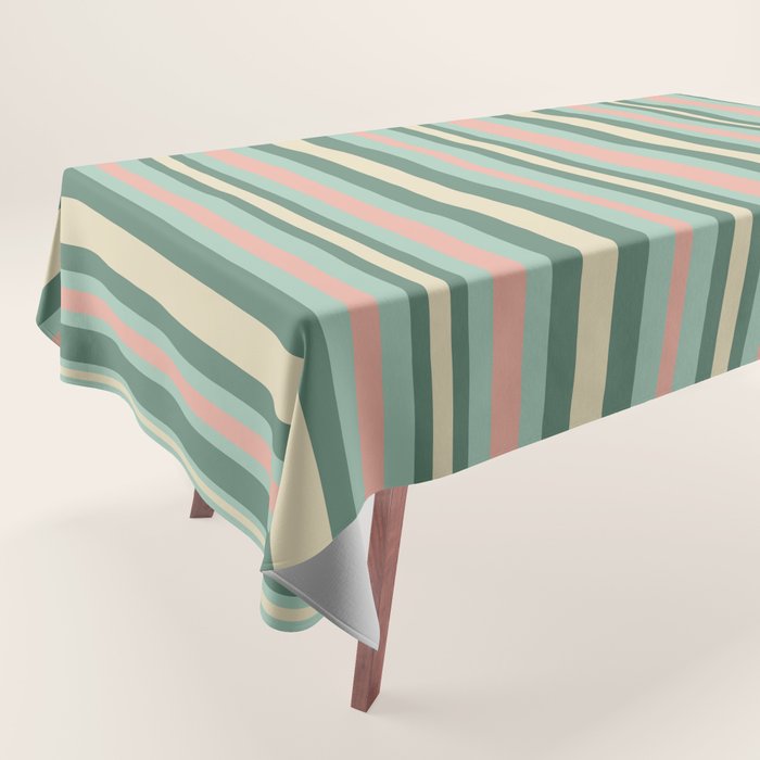 Retro Stripes in Mint Green, Pale Blush, and Cream - Vertical Stripe Pattern Tablecloth Gallery Image 1