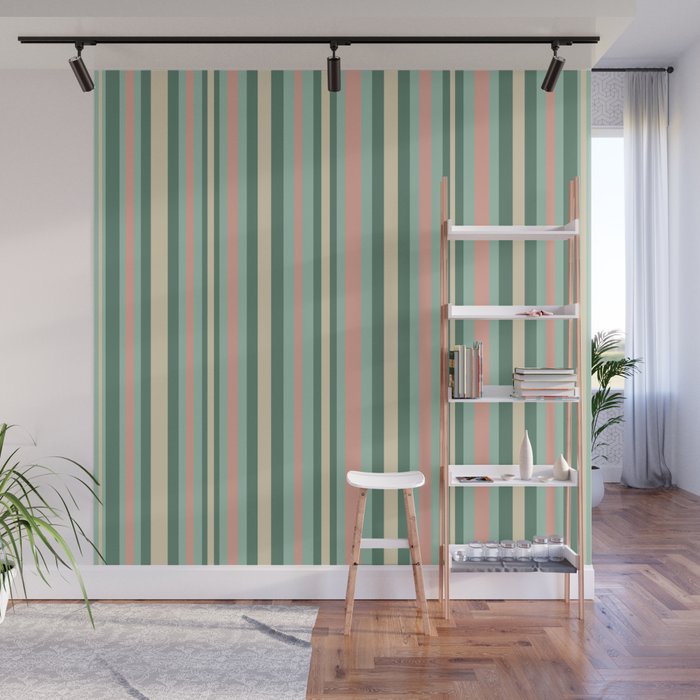 Retro Stripes in Mint Green, Pale Blush, and Cream - Vertical Stripe Pattern Wall Mural Gallery Image 1