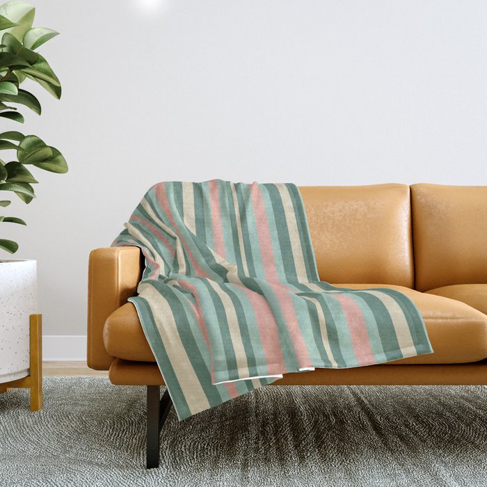 Retro Stripes in Mint Green, Pale Blush, and Cream - Vertical Stripe Pattern Throw Blanket Gallery Image 1