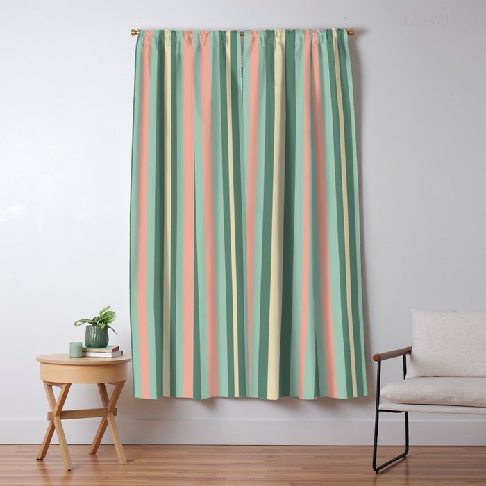 Retro Stripes in Mint Green, Pale Blush, and Cream - Vertical Stripe Pattern Window Curtain Gallery Image 1