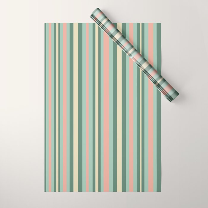 Retro Stripes in Mint Green, Pale Blush, and Cream - Vertical Stripe Pattern Wrapping Paper Gallery Image 1