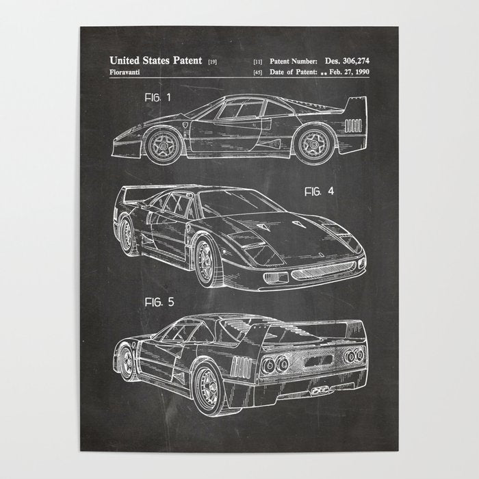 Supercar Sports Car Patent - Car Fan Classic Car Art - Black Chalkboard Poster Gallery Image 1