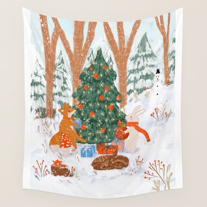 Woodland Winter Wonderland Festive Forest Animals and Christmas Tree Illustration Wall Tapestry Gallery Image 4