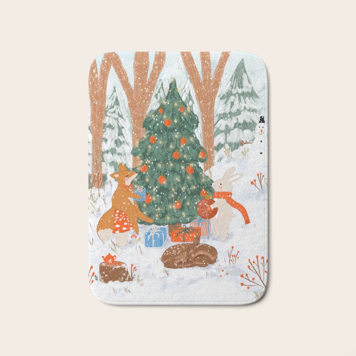 Woodland Winter Wonderland Festive Forest Animals and Christmas Tree Illustration Bath Mat Gallery Image 1