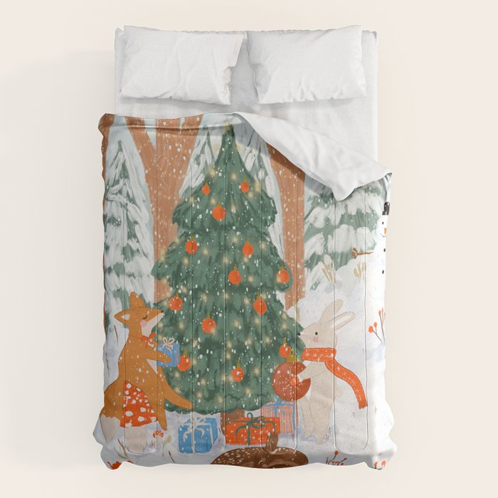 Woodland Winter Wonderland Festive Forest Animals and Christmas Tree Illustration Comforter Gallery Image 6