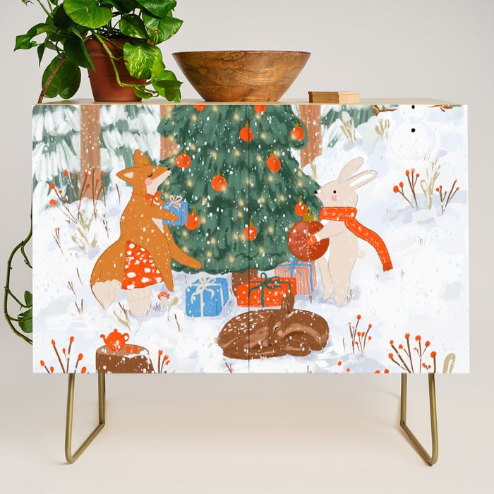 Woodland Winter Wonderland Festive Forest Animals and Christmas Tree Illustration Credenza Gallery Image 1