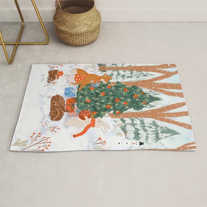 Woodland Winter Wonderland Festive Forest Animals and Christmas Tree Illustration Rug Gallery Image 1