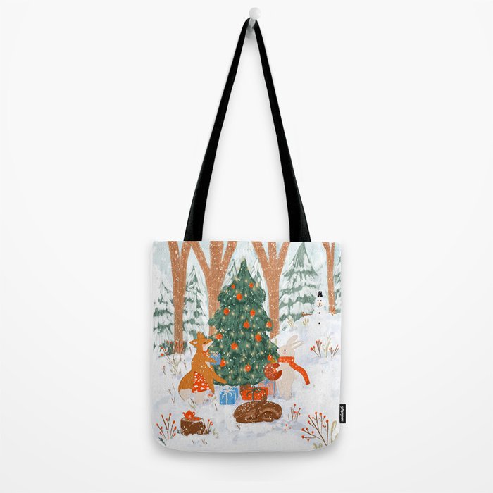 Woodland Winter Wonderland Festive Forest Animals and Christmas Tree Illustration Tote Bag Gallery Image 2