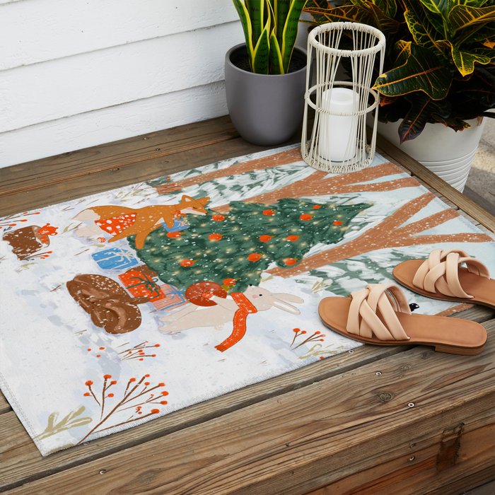 Woodland Winter Wonderland Festive Forest Animals and Christmas Tree Illustration Outdoor Rug Gallery Image 2