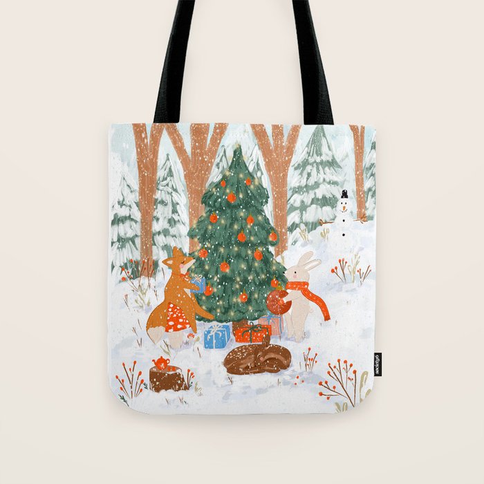 Woodland Winter Wonderland Festive Forest Animals and Christmas Tree Illustration Tote Bag Gallery Image 1