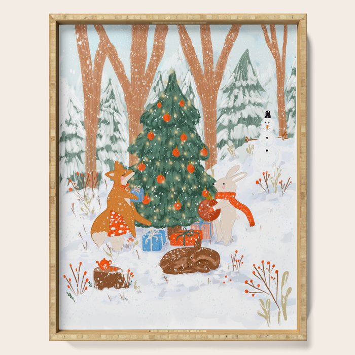 Woodland Winter Wonderland Festive Forest Animals and Christmas Tree Illustration Serving Tray Gallery Image 1