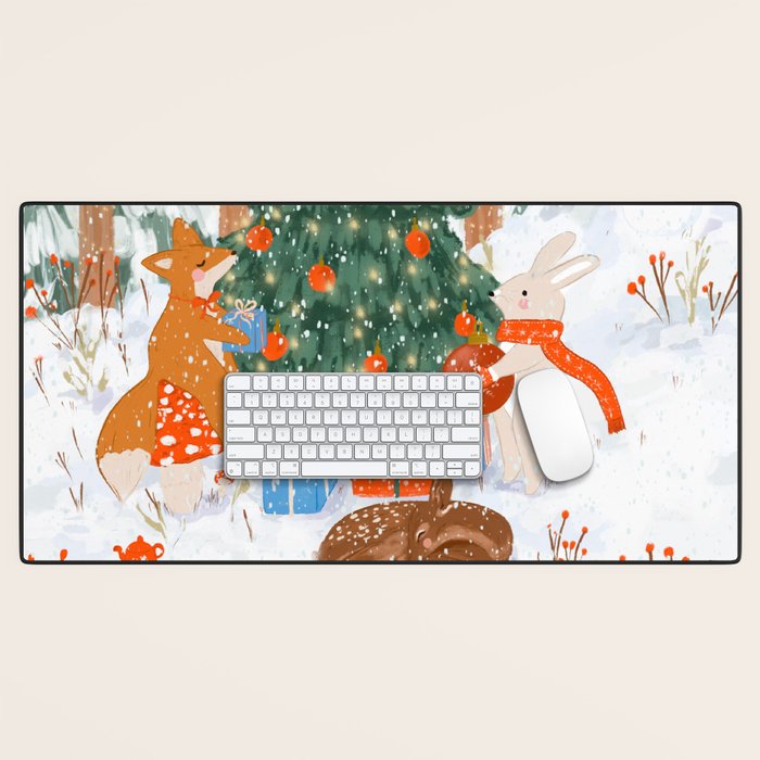 Woodland Winter Wonderland Festive Forest Animals and Christmas Tree Illustration Desk Mat Gallery Image 1