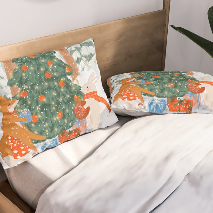 Woodland Winter Wonderland Festive Forest Animals and Christmas Tree Illustration Pillow Sham Gallery Image 2