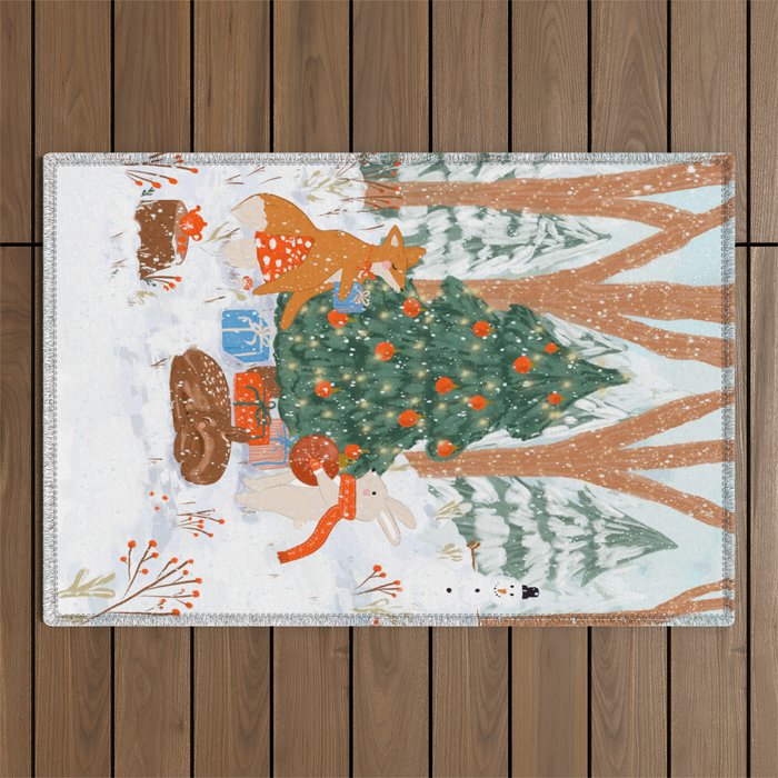 Woodland Winter Wonderland Festive Forest Animals and Christmas Tree Illustration Outdoor Rug Gallery Image 1