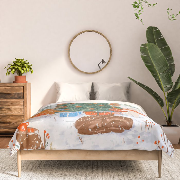 Woodland Winter Wonderland Festive Forest Animals and Christmas Tree Illustration Comforter Gallery Image 3