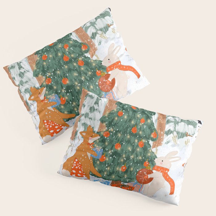 Woodland Winter Wonderland Festive Forest Animals and Christmas Tree Illustration Pillow Sham Gallery Image 1