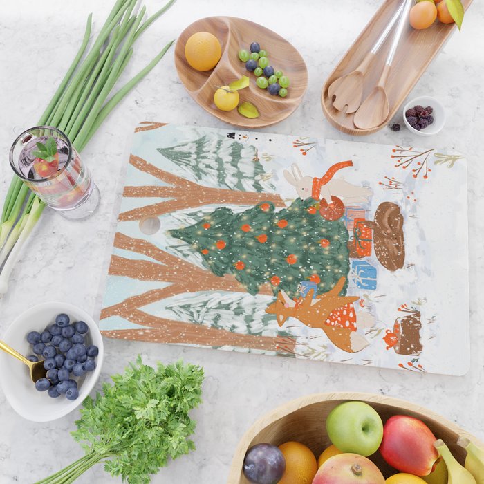 Woodland Winter Wonderland Festive Forest Animals and Christmas Tree Illustration Cutting Board Gallery Image 2