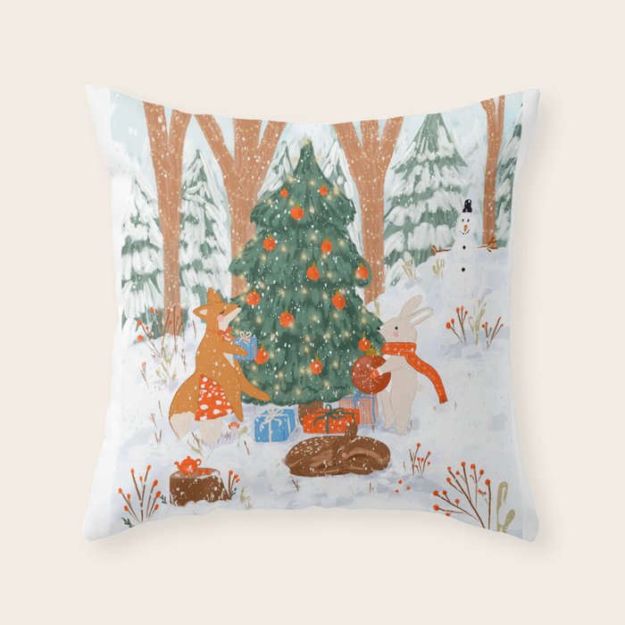 Woodland Winter Wonderland Festive Forest Animals and Christmas Tree Illustration Throw Pillow Gallery Image 6