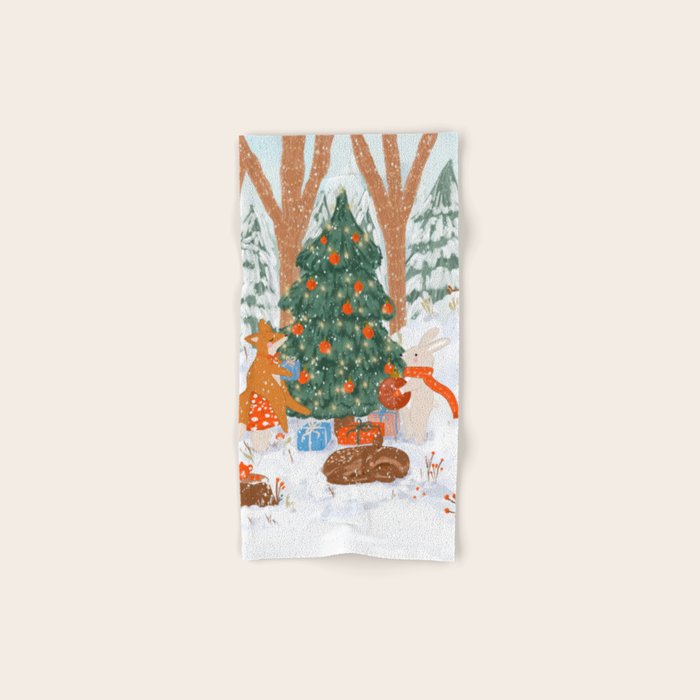 Woodland Winter Wonderland Festive Forest Animals and Christmas Tree Illustration Bath Towel Gallery Image 1