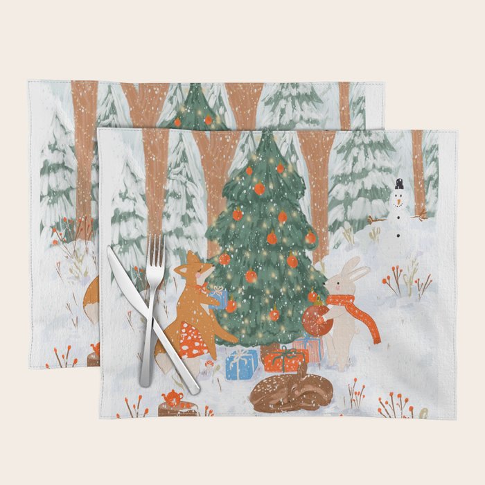 Woodland Winter Wonderland Festive Forest Animals and Christmas Tree Illustration Placemat Gallery Image 1