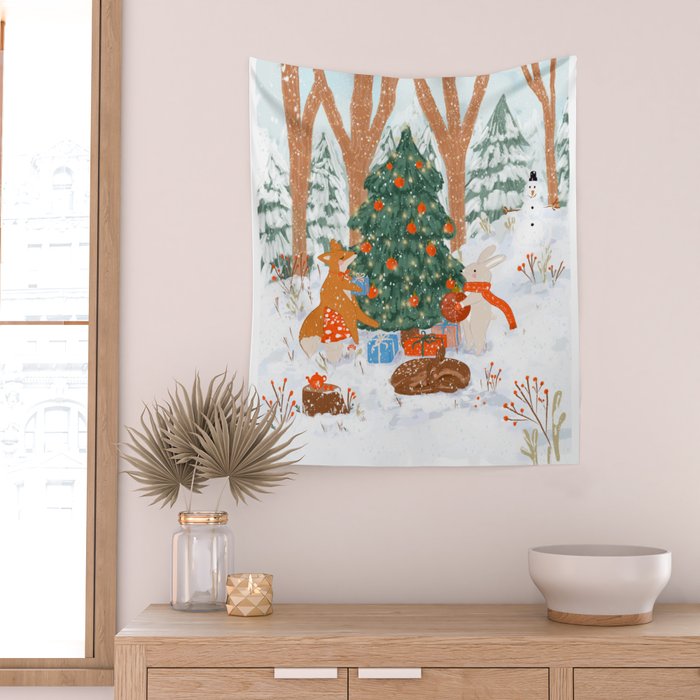Woodland Winter Wonderland Festive Forest Animals and Christmas Tree Illustration Wall Tapestry Gallery Image 2