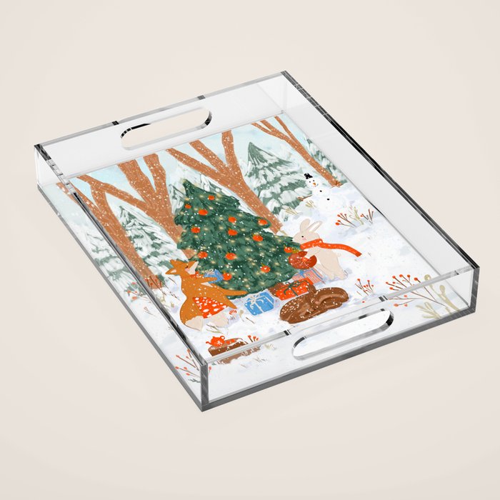 Woodland Winter Wonderland Festive Forest Animals and Christmas Tree Illustration Acrylic Tray Gallery Image 1