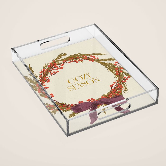 Cozy Season. Christmas wreath with bow Acrylic Tray Gallery Image 1