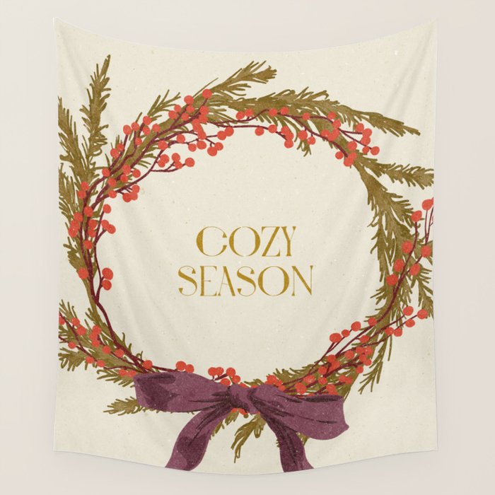 Cozy Season. Christmas wreath with bow Wall Tapestry Gallery Image 4