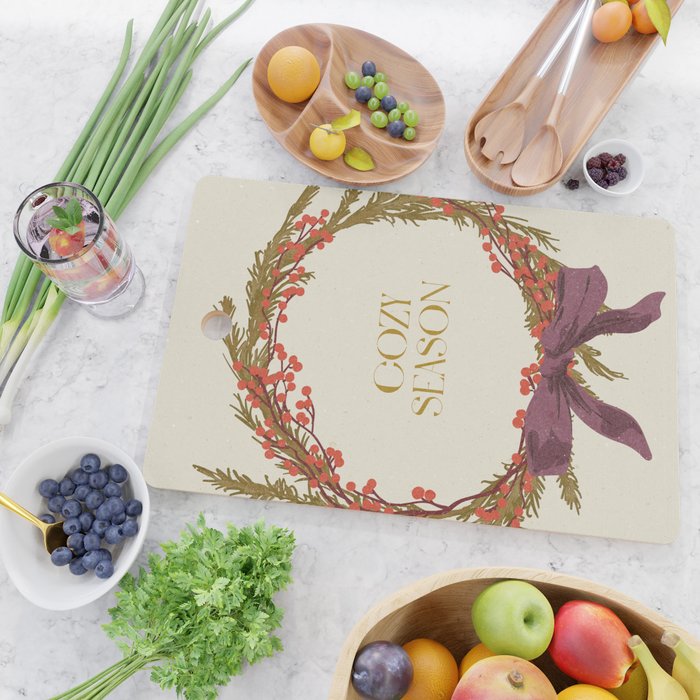 Cozy Season. Christmas wreath with bow Cutting Board Gallery Image 2