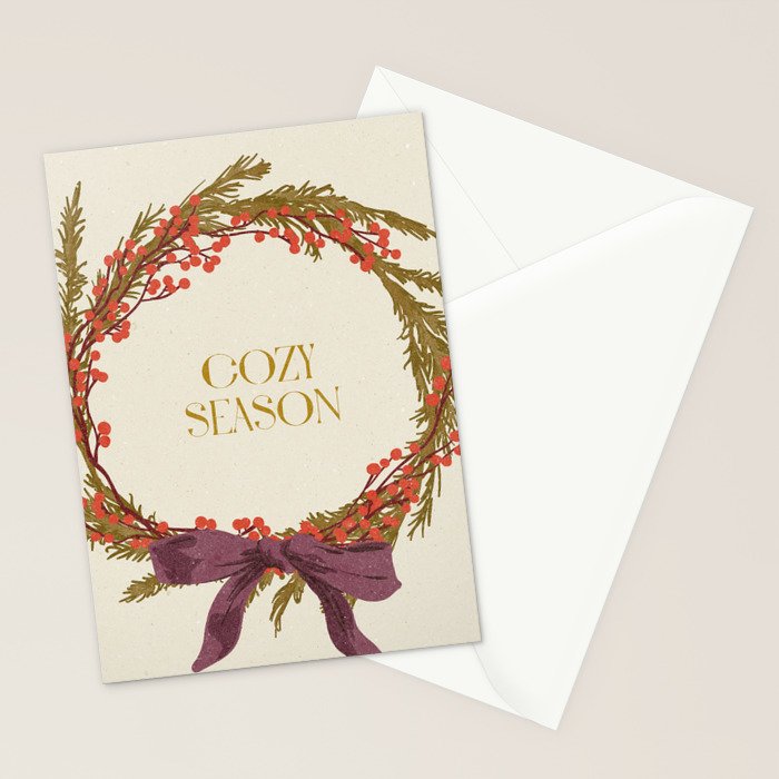 Cozy Season. Christmas wreath with bow Stationery Card Gallery Image 2