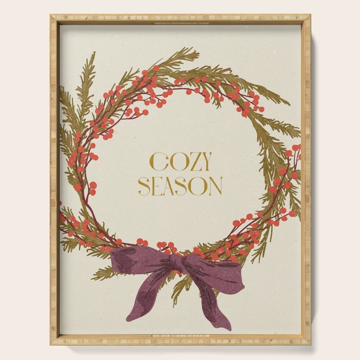 Cozy Season. Christmas wreath with bow Serving Tray Gallery Image 1