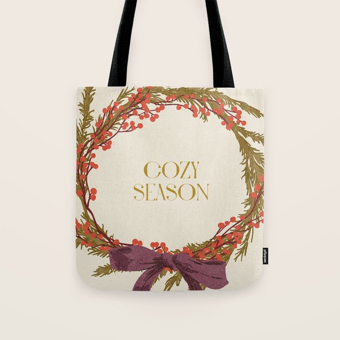 Cozy Season. Christmas wreath with bow Tote Bag Gallery Image 1