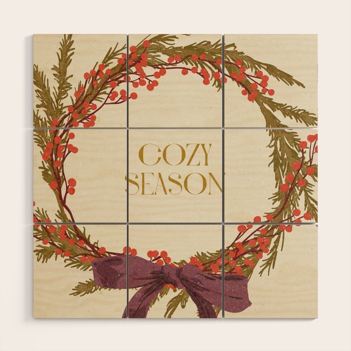 Cozy Season. Christmas wreath with bow Wood Wall Art Gallery Image 1
