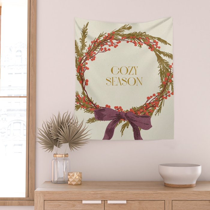 Cozy Season. Christmas wreath with bow Wall Tapestry Gallery Image 2