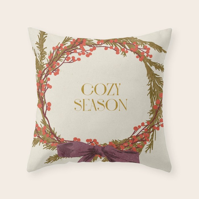 Cozy Season. Christmas wreath with bow Throw Pillow Gallery Image 6
