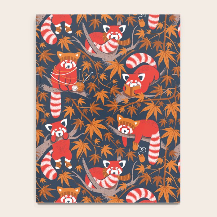 Red panda blending with the foliage // navy background red cozy animals fog brown taupe tree branches orange acer leaves Notebook Gallery Image 4