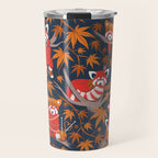 Red panda blending with the foliage // navy background red cozy animals fog brown taupe tree branches orange acer leaves Travel Mug Gallery Image 1
