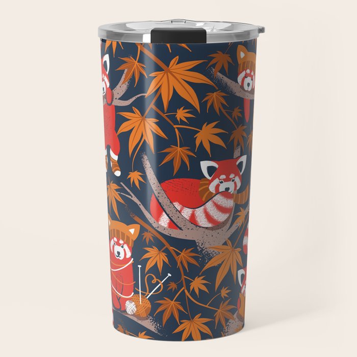 Red panda blending with the foliage // navy background red cozy animals fog brown taupe tree branches orange acer leaves Travel Mug Gallery Image 1