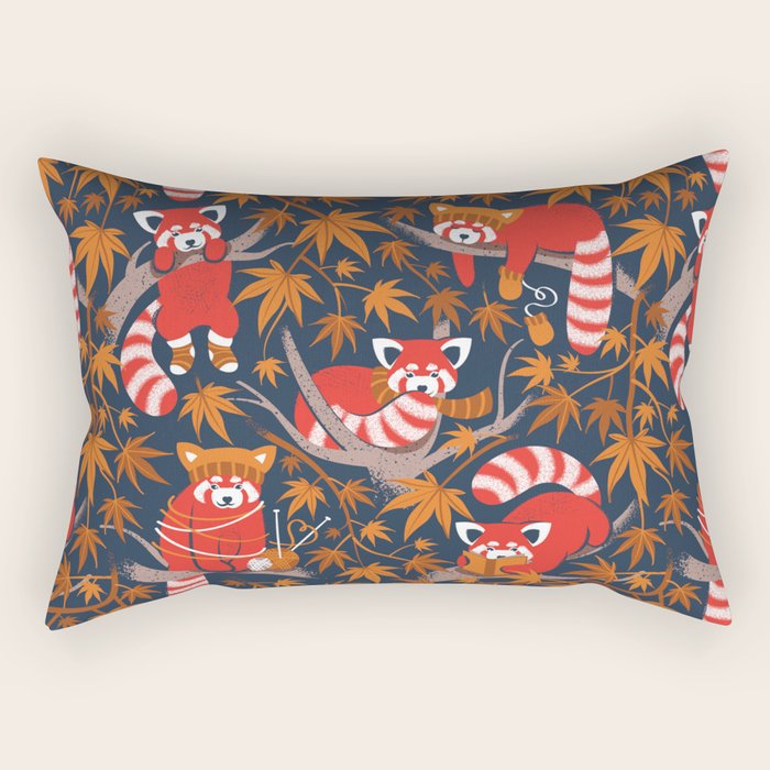 Red panda blending with the foliage // navy background red cozy animals fog brown taupe tree branches orange acer leaves Rectangular Pillow Gallery Image 1